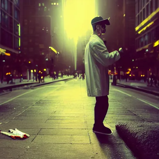 Image similar to digital portrait of Casper the ghost sitting on a NYC sidewalk, smoking a cigarette, city lights, trending on artstation, 8k, 4k, volumetric lighting, lighthearted, cinematic composition, hd, fun