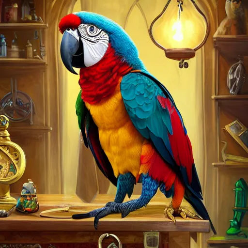 Prompt: A Anthropomorphized friendly parrot trader in his shop, selling his wares, portrait, items, gold, carpet, window, sly expression, cunning expression, presenting wares, holding a gold bag, D&D, fantasy, cinematic lighting, highly detailed, digital painting, artstation, concept art, smooth, sharp focus, illustration, warm light, cozy warm tint, magic the gathering artwork, volumetric lighting, 8k, art by Akihiko Yoshida, Greg Rutkowski