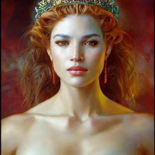 Prompt: a full shot portrait of a greek goddesses, oil painting, by ross tran and and Edgar Maxence and julie bell