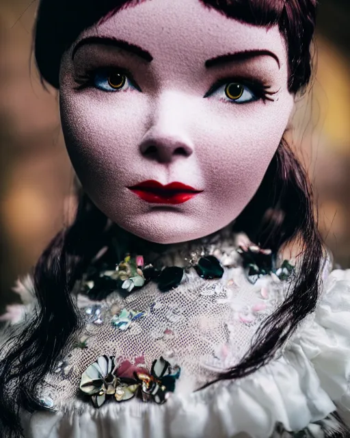 Prompt: high quality presentation photo of bjork as a porcelain doll, photography 4k, f1.8 anamorphic, bokeh, 4k, Canon, Nikon