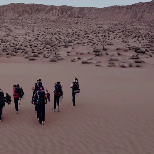 Prompt: a huge group of models wearing giant hiking backpacks, walking in the desert, margiela campaign, giant crowd, cinematic lighting, hd vfx, shot from behind