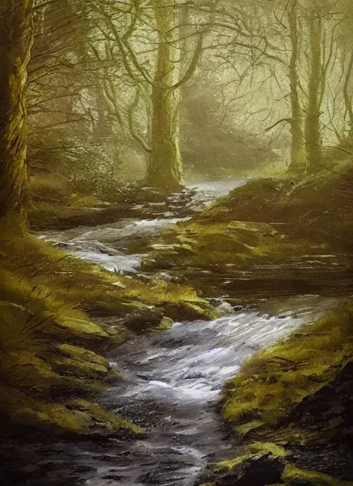 Image similar to there is a place in wales, tucked out of view magic happens, only seen by a few. for just one day, for only just one hour. the last summer's day break at gelli aur. there you must follow a winding trout stream. search all the oaks with a tiny light beam, inspired by greg rutkowski and charlie bowater