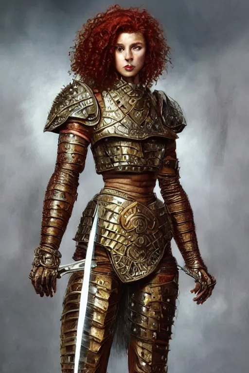 Image similar to full body portrait of a rugged female warrior short length red curly hair and a very highly detailed face wearing elegant obsidian, sliver and gold plate mail armor intricately painted, holding an ancient two hand great sword, very highly detailed, artstation, cgsociety, realistic character concept art, sharp focus, by greg rutkowski, artgerm, and alphonse mucha