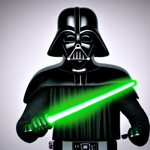 Image similar to A studio image of Darth Vader holding a green lightsaber, ray tracing, black background, 4k, hyper detailed, studio lighting, movie set,