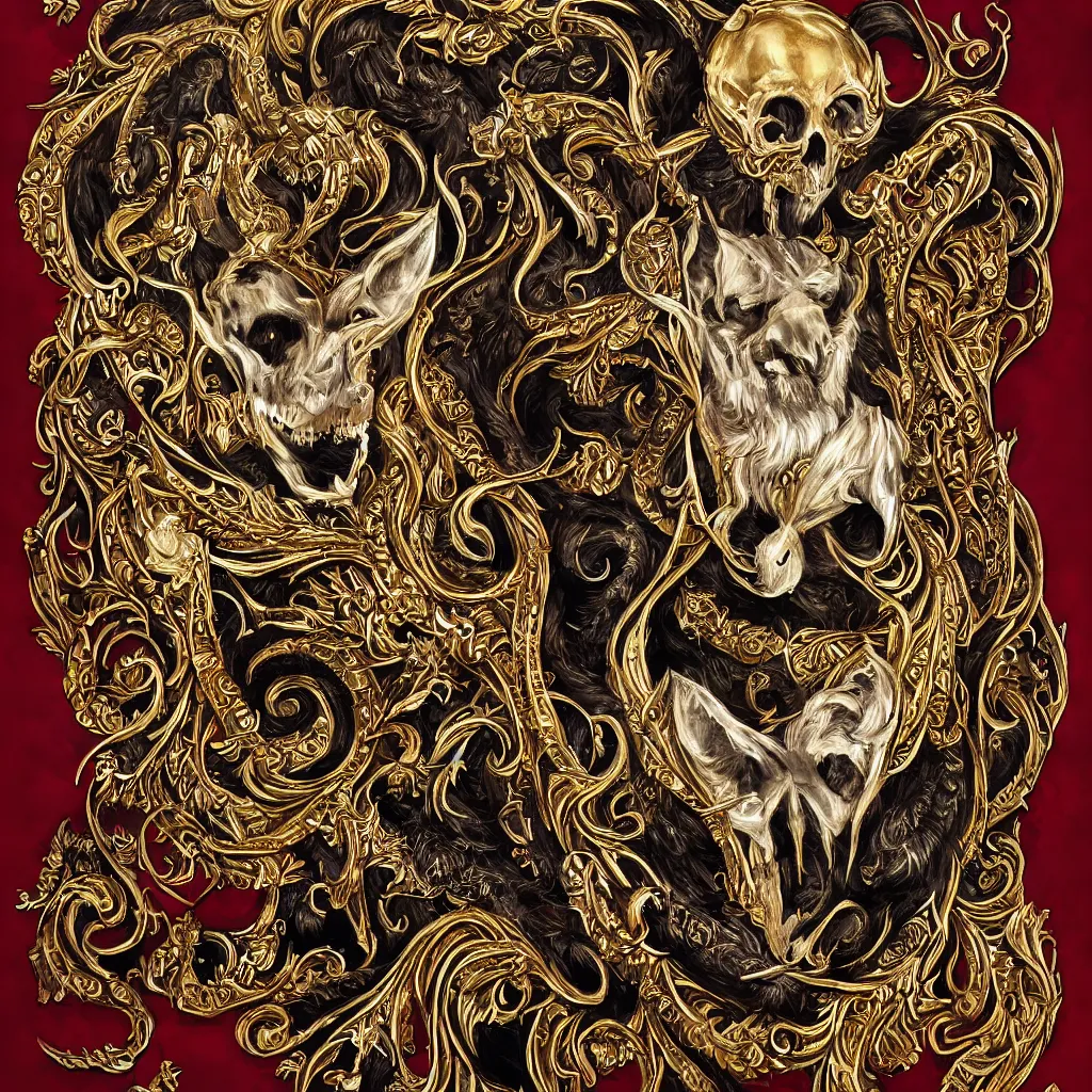 Image similar to photo portrait portrait of femine puma with skull pendant, wolf skull pedant, golden fur, symmetric, intricate skeletal decorations on ornate silks, symmetry, highly detailed, concept art, ornaments, black, red, white, gold layers, super moon, style of nekroxiii, hyperrealistic