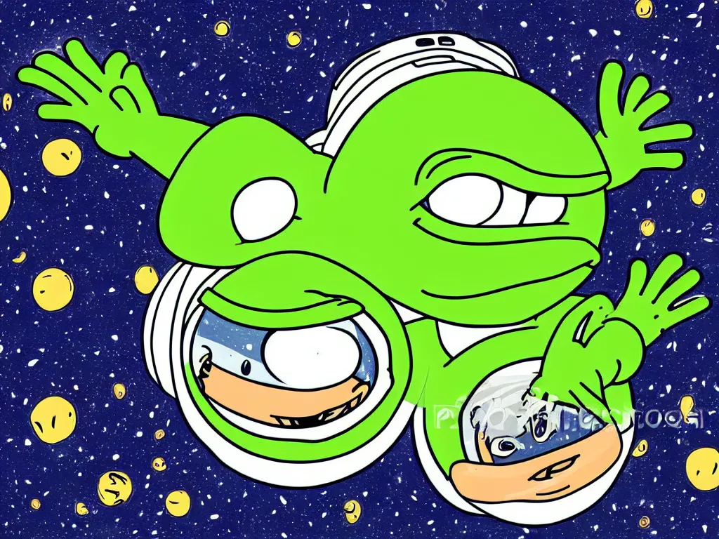 Prompt: happy pepe the frogs floating in space, cartoon illustration, detailed