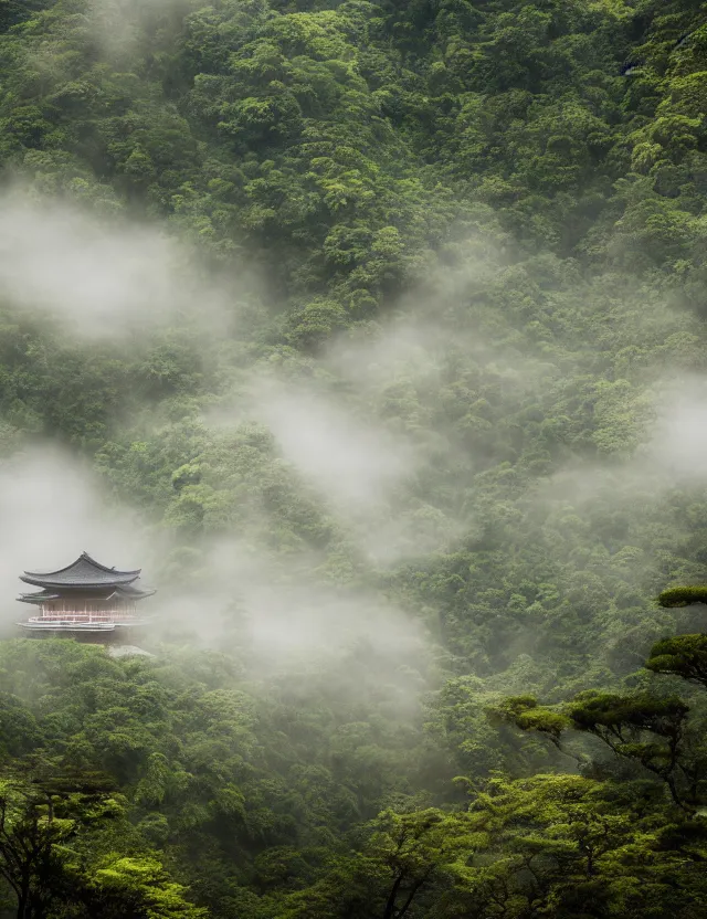 Image similar to a cinematic photo of an ancient japanese hot springs temple on the top of a mountain in a misty bamboo cloud forest