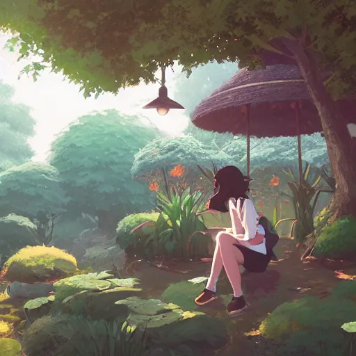 Prompt: woman sitting in a fantasy garden, cottagecore, atey ghailan, goro fujita, studio ghibli, rim light, sharp lighting, clear focus, very coherent,