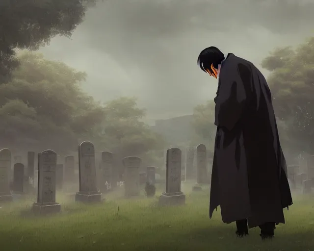 Image similar to a 50 year old brunnete chinese man Standing at a funeral in a cemetery next to the grim reaper, horror scene, dramatic, anime art, Greg Rutkowski, studio ghibli, dramatic lighting