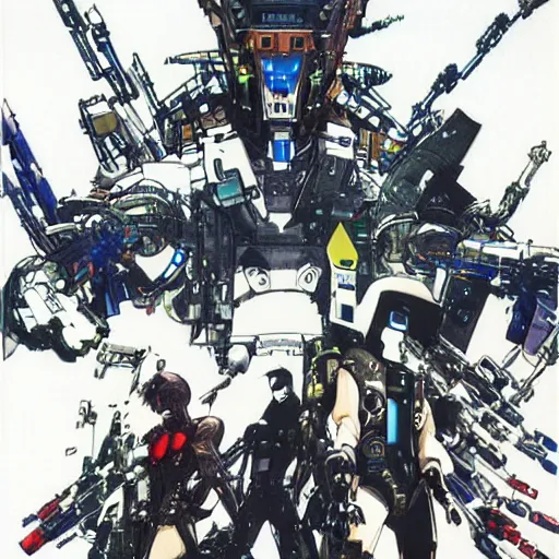 Prompt: the robot brothers orion and sirius, the ego and the id, the form and the function, the bird and the wolf, both were disconnected from the simulation by a human virus, game poster by yoji shinkawa