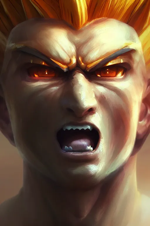 Prompt: a close up portrait of a super saiyan going insane, extremely detailed digital painting, in the style of fenghua zhong and ruan jia and jeremy lipking and peter mohrbacher, mystical colors, rim light, beautiful lighting, 8 k, stunning scene, raytracing, octane, trending on artstation