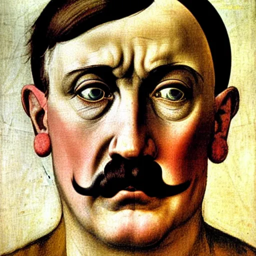 Image similar to Facial portrait. Adolf Hitler, looking at the camera, happy. awe inspiring mood, uplifting, extremely detailed painting. by Botticelli, Michelangelo and Leonardo da Vinci.