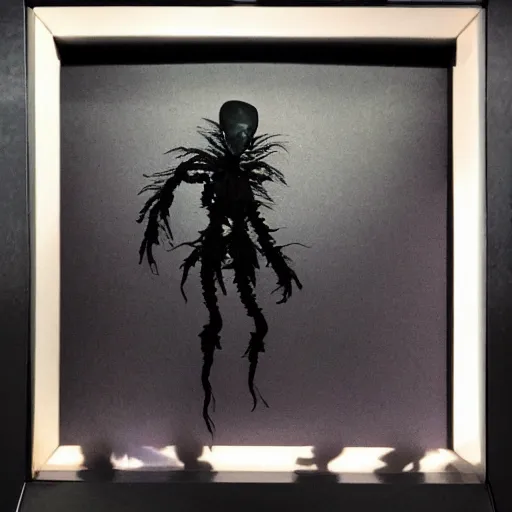 Prompt: ricepaper shadowbox with menacing mind flayer puppet, rampaging silhouette manhattan, backlit