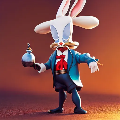 Prompt: salvador dali cosplay bugs bunny, nendroid, art by wgreg rutkowski. during golden hour. extremely detailed.