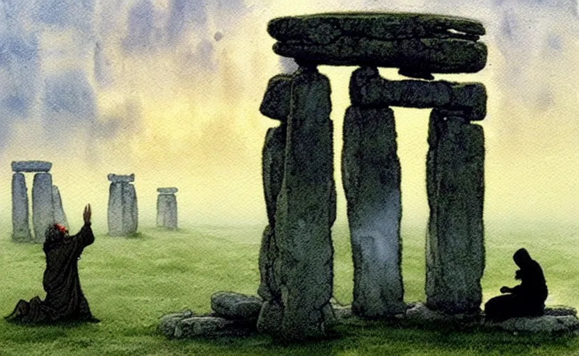 Prompt: a hyperrealist watercolour character concept art portrait of one small grey medieval monk kneeling in prayer as stonehenge floats in the air on a misty night. by rebecca guay, michael kaluta, charles vess and jean moebius giraud