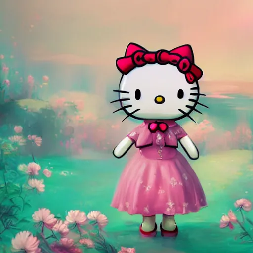 Image similar to concept art for the movie Hello kitty in the dream world by Pablo Dominguez, surreal, digital art, trending on artstation, 4k uhd