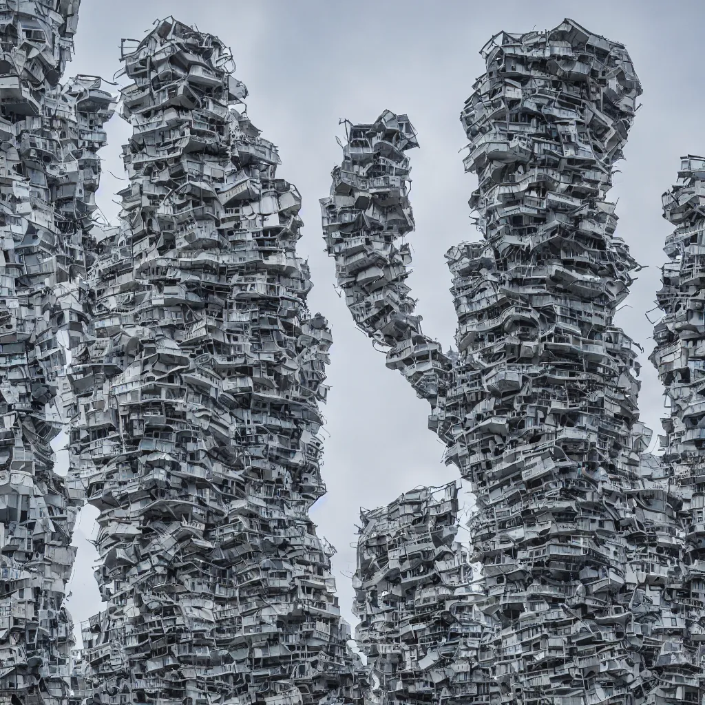 Prompt: a tower made up of makeshift squatter shacks, dystopia, sony a 7 r 3, f 1 1, fully frontal view, photographed by zaha hadid, ultra detailed,