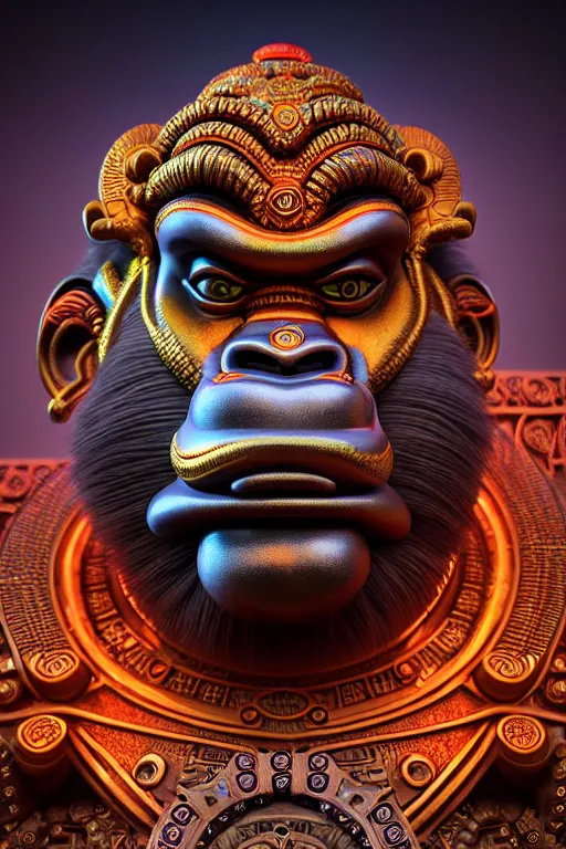 Image similar to high quality 3 d render post - rococo cyberpunk hanuman! head building, neon madhubani, open mouth, highly detailed, in sci - fi shri ram centre, cinematic smooth unreal engine, lee madgwick & liam wong, dramatic light, low angle, uhd 8 k, sharp focus