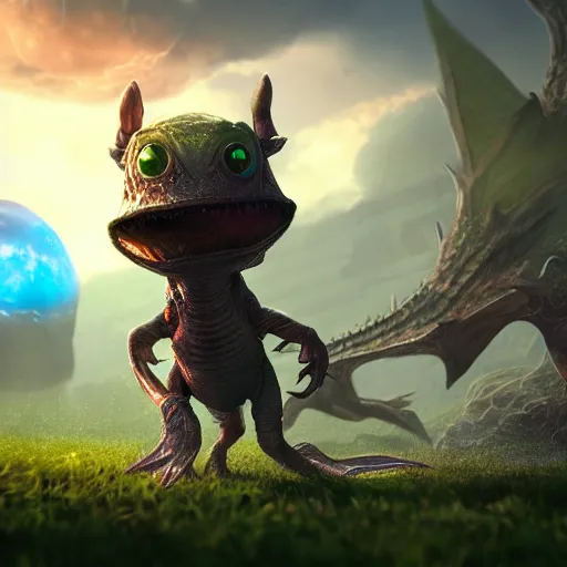 Prompt: an adorable and small alien lands on earth to meet a giant dragon, sweet eyes, concept art, octane render, unreal engine, highly detailed, 4 k, comic book art