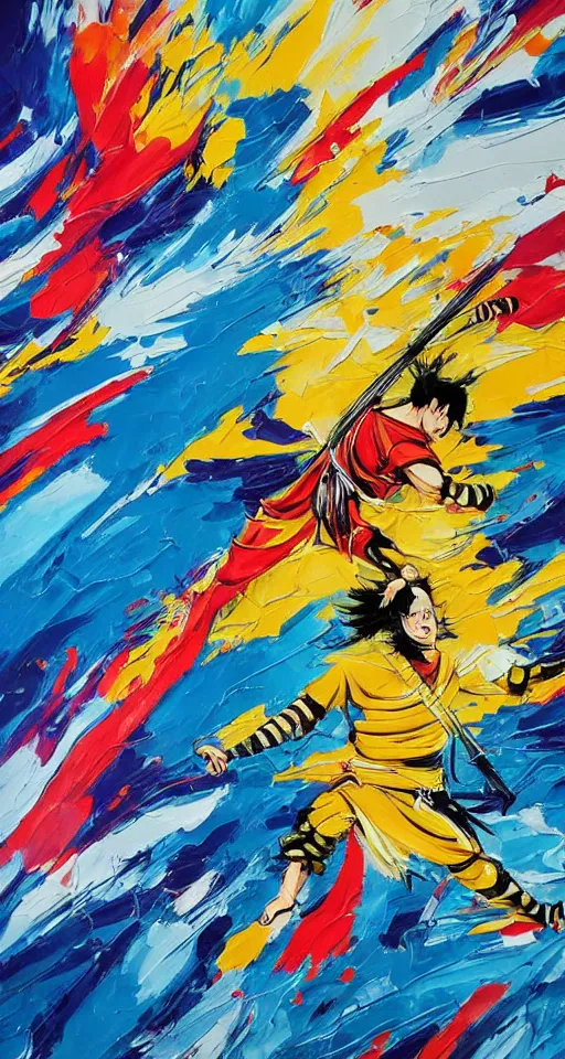 Image similar to colorful beautiful abstract painting, man, ninja with katana of water wave, full body, water fists of fury, jumping leaping heroic attack, action scene, ultra detailed