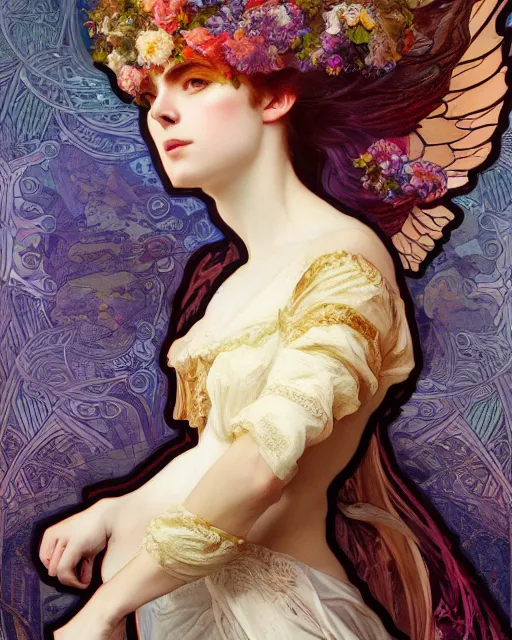 Image similar to wlop and alfons mucha detailed portrait digital rococo painting of a beautiful serious cat wearing fantasy clothing. the cat has black angel wings, evil mood, hellish battlefield in the background, unreal engine, embers flying, hyper realism, realistic shading, cinematic composition, blender render, octane render, ultrawide shot