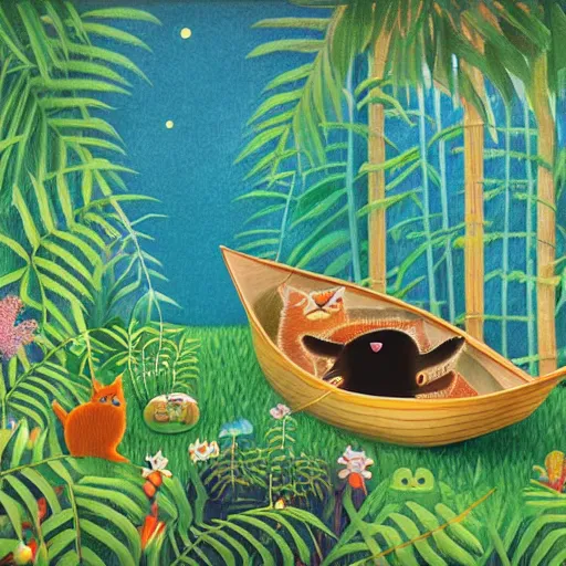 Prompt: cat in a boat, ferns, jungle, night, stars, highly detailed, unreal engine render concept art, style of henri rousseau and richard scarry and hiroshi yoshida