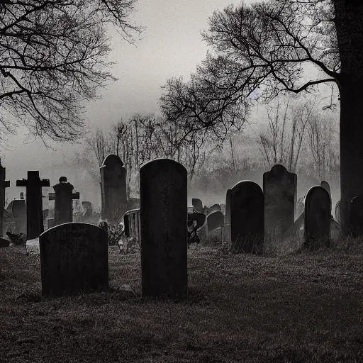 Image similar to haunted graveyard, soft light, dark, night, creepy, sprawling landscape,