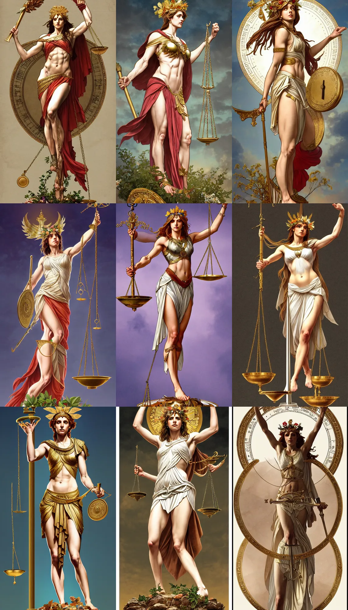 Prompt: a full body portrait of themis the greek goddess, presenting the balance scale of justice!! wearing a laurel wreath, extremely beautiful, anatomically accurate, by artgerm and by greg rutkowski and by alphonse mucha and by simon bisley, radiant light, detailed and intricate environment,