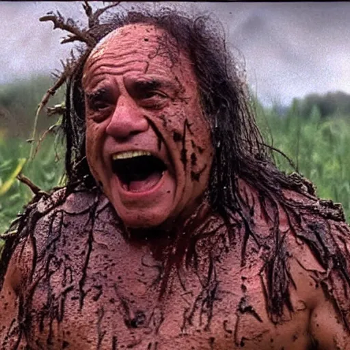 Image similar to cinematic still of danny devito, covered in mud and watching a predator in a swamp in 1 9 8 7 movie predator, hd, 4 k