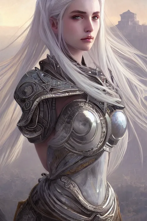 Image similar to portrait white hair knights of Zodiac girl, Sliver ice color reflected armor, in ruined Agora of Athens Sunrise, ssci-fi and fantasy, intricate and very very beautiful and elegant, highly detailed, digital painting, artstation, concept art, smooth and sharp focus, illustration, art by tian zi and WLOP and alphonse mucha