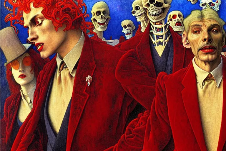 Image similar to realistic detailed closeup portrait painting of a single skeleton wearing red velvet blazer in a crowded futuristic moscow street by Jean Delville, Amano, Yves Tanguy, Alphonse Mucha, Ernst Haeckel, Edward Robert Hughes, Roger Dean, rich moody colours, blue eyes