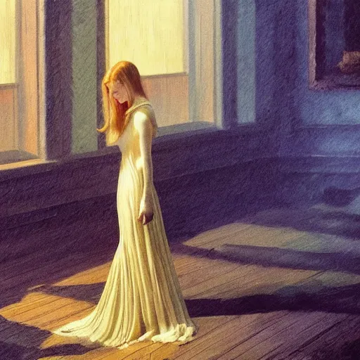 Prompt: Elle Fanning in Bloodborne in the world of Edward Hopper, stormy weather, extremely detailed masterpiece, oil on canvas, low-key neon lighting, artstation, Blade Runner 2049, Roger Deakin’s cinematography, by J. C. Leyendecker and Peter Paul Rubens,