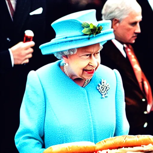 Prompt: Queen Elizabeth eating a hotdog