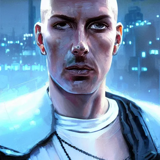 Image similar to cyberpunk, armitage, closeup portrait of a stoic ex soldier with a battlescar and light blue eyes, brown buzzcut, cyborg, dramatic light, city background, sunset, dystopian setting, high contrast, sharp, neuromancer, painted by stanley lau, painted by greg rutkowski, painted by stanley artgerm, digital art, trending on artstation