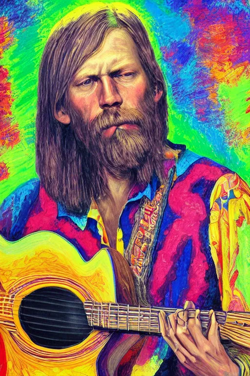 Image similar to a professional painting of Duane Allman, in brightly colored psychedelic shirt, playing a guitar, long hair, beautiful bone structure, symmetrical facial features, intricate, elegant, digital painting, concept art, smooth, sharp focus, illustration, William-Adolphe Bouguerea, epic, stunning, gorgeous, intricate detail, much wow, ultra realistic, photorealism, 4K, masterpiece, trending on artstation
