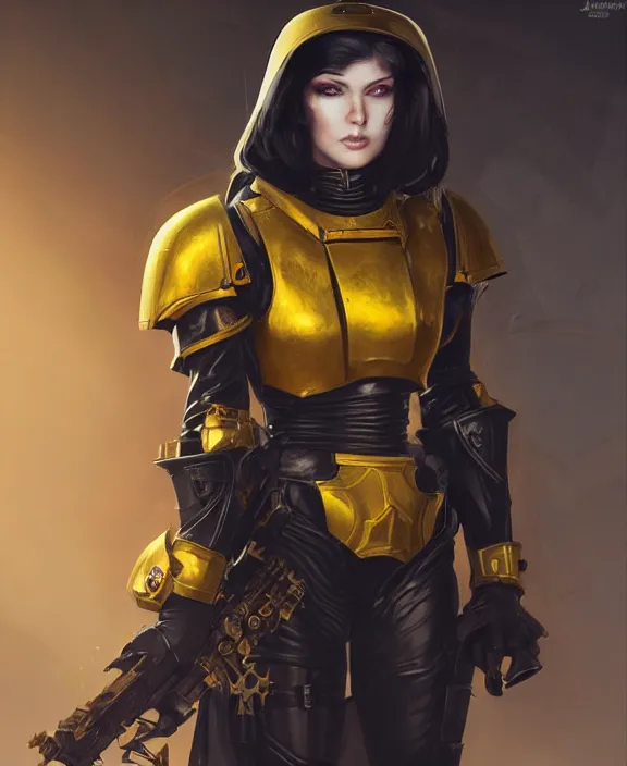 Prompt: female imperial inquisitor cosplay, warhammer 40k, modelling, posing, yellow leather armor, suggestive pose, quality lighting, dark colors, maximalism, ultra facial detail, Tooth Wu Artgerm Greg Rutkowski artstation deviantart, 8k, fanart, extreme aesthetic