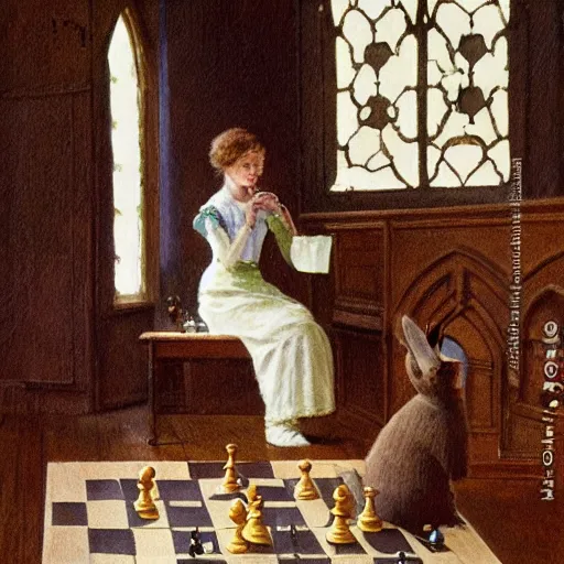 Image similar to a young edwardian woman playing chess with a rabbit inside a church, in the style of carl larsson