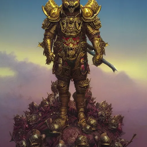 Image similar to anthropomorphic shiba inu, wearing gold armor, standing on pile of skulls, graveyard of skulls, fantasy 3 d render, masterpiece, glowing red light aura, by donato giancola and greg rutkowski and wayne barlow and zdzisław beksinski, realistic face