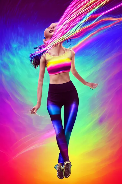 Image similar to a award winning half body portrait of a beautiful woman with stunning eyes in a croptop and leggings with reinbow colored ombre hairstyle head in motion and hair flying while dancing by thomas danthony, surrounded by whirling illuminated lines, outrun, vaporware, shaded flat illustration, digital art, trending on artstation, highly detailed, fine detail, intricate