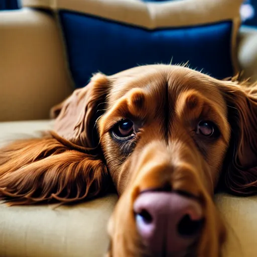 Prompt: a cute spaniel, Labrador and golden retriever spread out on a plush blue sofa. Award winning photograph, soft focus, depth of field, rule of thirds, national geographic, golden hour, style of Vogelsang, Elke, F50, centered