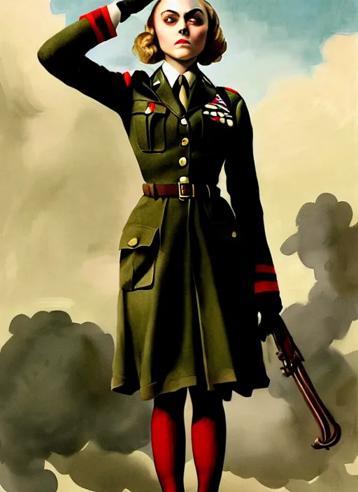 Image similar to annasophia robb in a war world II uniform, looking furious, startled, stockings, looking seductively attire by Greg Rutkowski, John Singer Sargent, Bryan Lee O'Malley, Edward Hopper