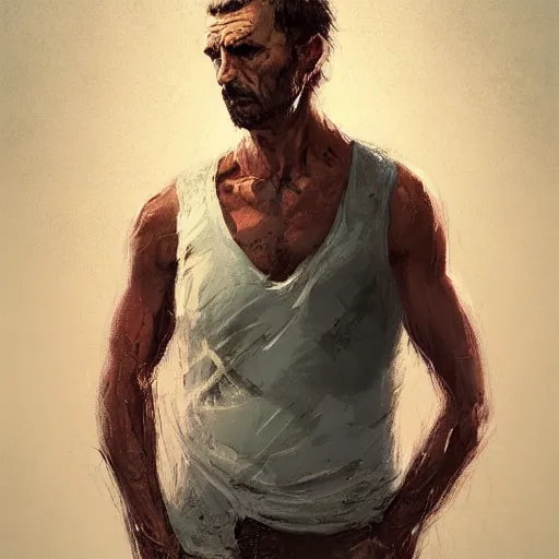 Image similar to Portrait of a man by Greg Rutkowski, he is about 40 years old, southern slav features, messy brown short hair, strong and tall, tired expression, he is wearing a black tank top, highly detailed portrait, digital painting, artstation, concept art, smooth, sharp foccus ilustration, Artstation HQ.