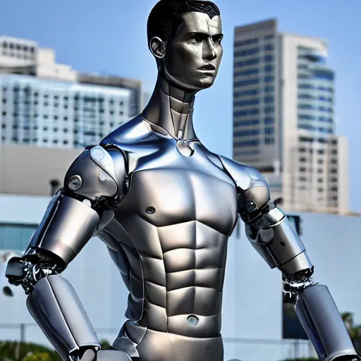 Prompt: a realistic detailed photo of a guy who is an attractive humanoid who is half robot and half humanoid, who is a male android, soccer player cristiano ronaldo, shiny skin, posing like a statue, blank stare, by the pool, on display, showing off his muscles, humanoid robot, frozen ice statue, made of ice