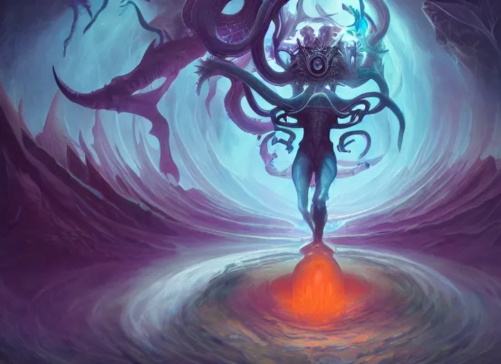 Image similar to an eldritch demigod looking into the astral portal in the great halls of the cosmos in the style of peter mohrbacher and alex grey, human, trending on artstation, unreal engine, ultra hd