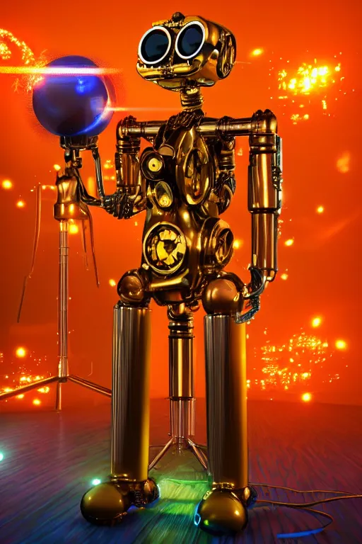 Prompt: portrait photo of a giant huge golden and blue metal humanoid steampunk robot singer with headphones and big gears and tubes, a red glowing microphone on a tripod, eyes are glowing red lightbulbs, shiny crisp finish, 3 d render, 8 k, insaneley detailed, fluorescent colors, background is multicolored lasershow