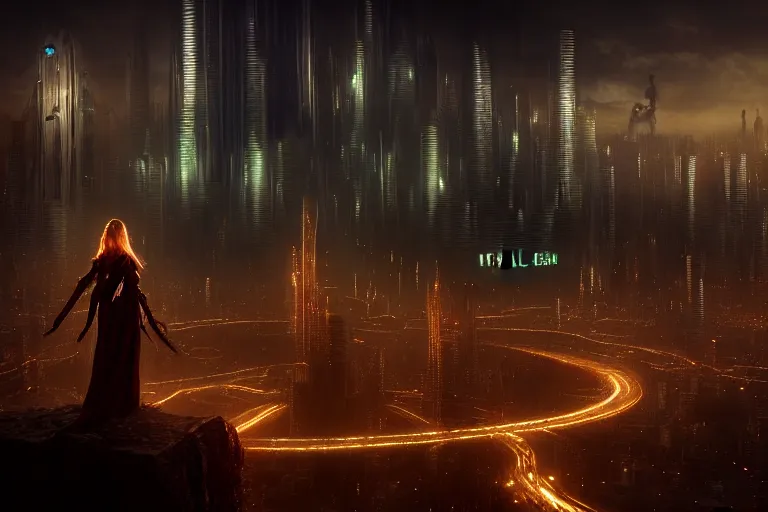 Image similar to an ultra realistic, cinematic, fantasy, headshot portrait, of an elden ring elf, fairy lights, facial features, overlooking a vast dystopian cityscape, with futuristic buildings and neon signs, detailed, deep focus, movie still, dramatic lighting, ray tracing, by michal karcz and yoshitaka amano