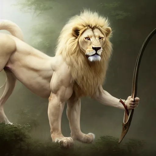 Image similar to commission portrait of a fit male anthro albino lion holding a bow,character design by charles bowater,greg rutkowski,ross tran,hyperdetailed,hyperrealistic,4k,deviantart,artstation,professional photography,concept art