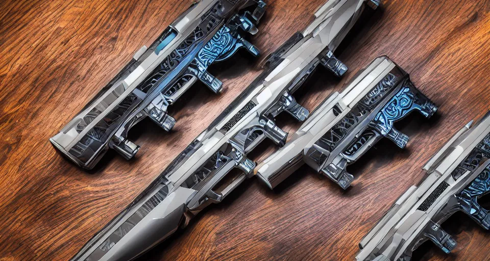 Prompt: A studio photograph of futuristic chrome high-tech sleek Rolex-brand intricate engraved Laser Rifles with colorful LEDs laying on wood grain, XF IQ4, 150MP, 50mm, F1.4, ISO 200, 1/160s, natural light, Adobe Lightroom, photolab, Affinity Photo, PhotoDirector 365