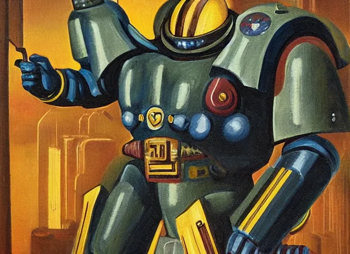 Prompt: Art Deco painting portrait of space-marine in Art Deco architecture high detail warhammer 40k