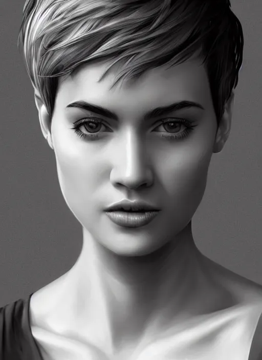 Image similar to up close portrait of a beautiful woman in black and white, photorealistic, pixie cut, intricate hair, upper body, art by diego fazio and diegoKoi and oscar Ukono, concept art, sharp focus, artgerm, 8k highly detailed